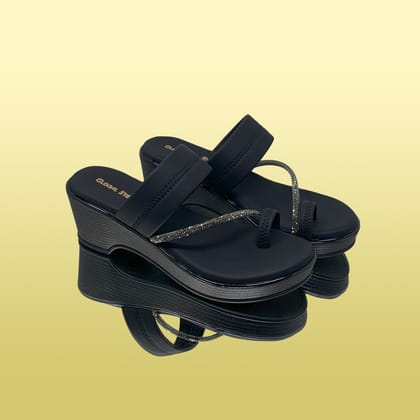 Black Ethnic Wedges Sandals-Black / 36