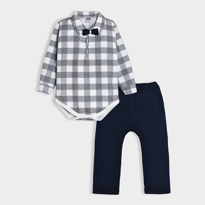 Bloom Woven Blue Check Shirt Style Romper and Trouser-0 M / Blue