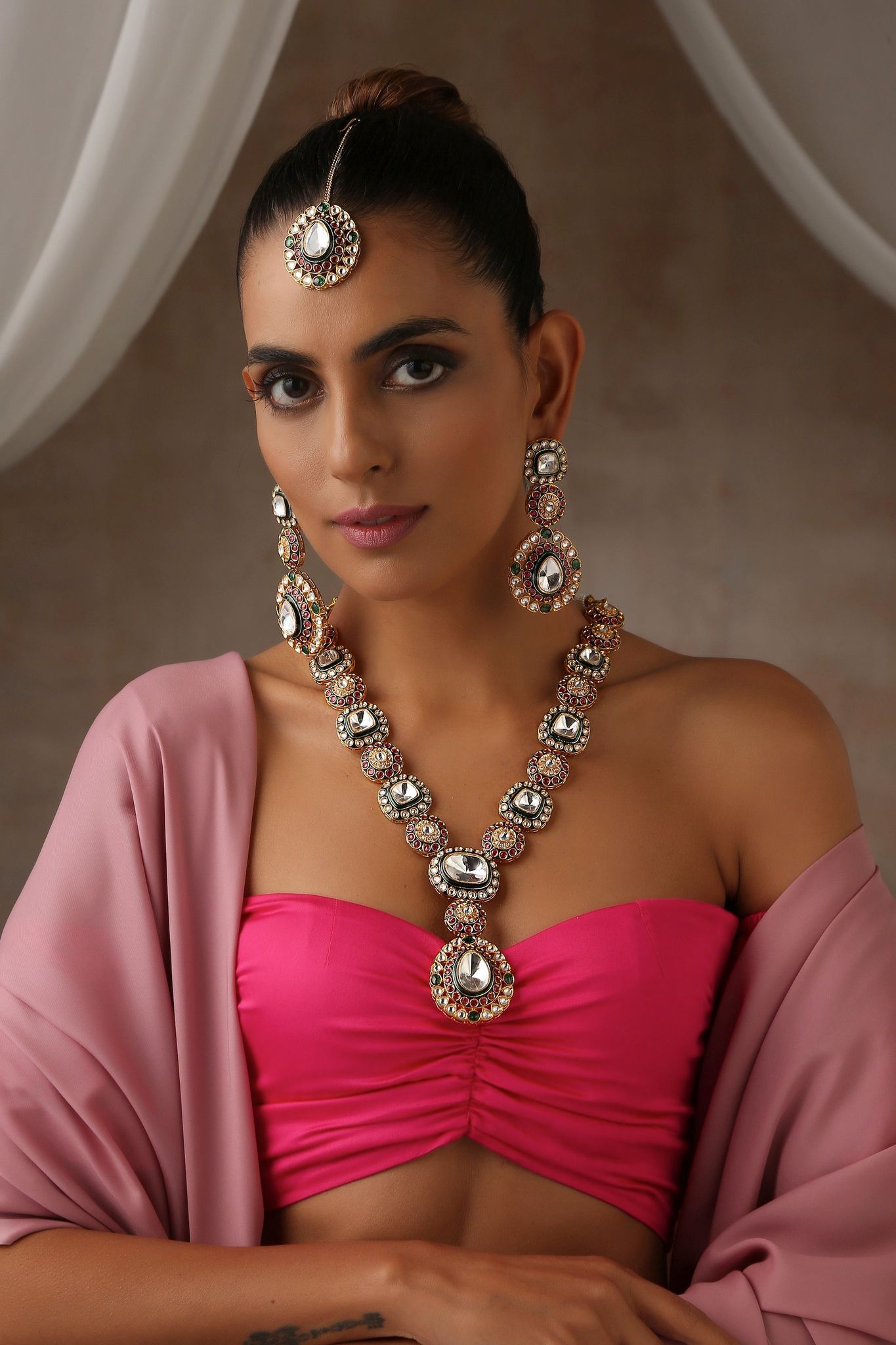 Sarvagina Multicolour Long Polki Necklace Set with Maang Tikka-Polki