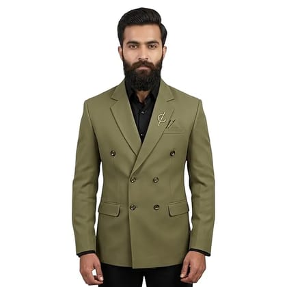 Men's Slim Fit Double-Breasted Blazer, Olive Green, Polyester Blend, Notch Lapel, Formal Style