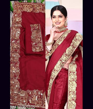 Shivadit ethnic Satin Embroidered Saree With Unstitched Blouse Piece ( Red )