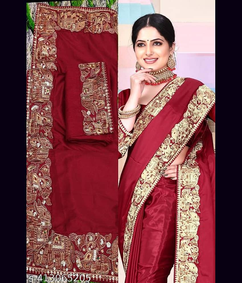 Shivadit ethnic Satin Embroidered Saree With Unstitched Blouse Piece ( Red )