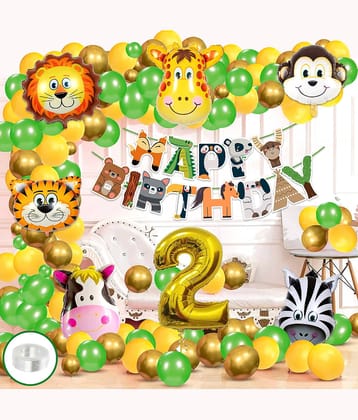 Zyozi Jungle Safari Birthday Decoration Combo - Birthday Decoration Banner with Balloons, Foil Balloons, No 2 Foil Balloons & Arch ( Pack Of 84 )