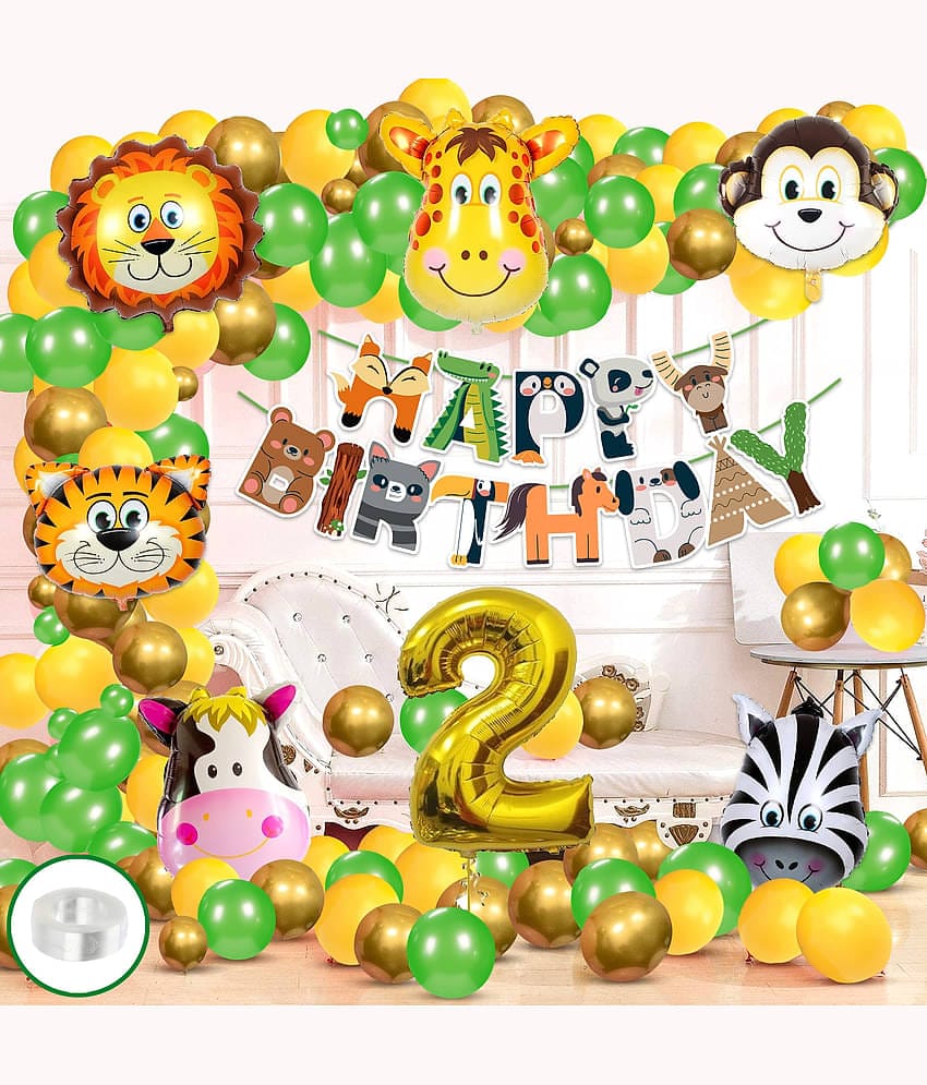 Zyozi Jungle Safari Birthday Decoration Combo - Birthday Decoration Banner with Balloons, Foil Balloons, No 2 Foil Balloons & Arch ( Pack Of 84 )