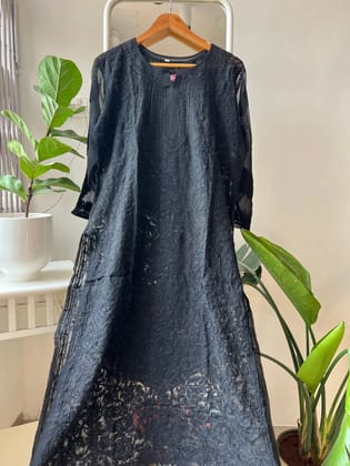 Chikankari Resham Full Jaal Kurti -  Black-Black / Semi Georgette / 2XL