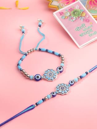 NVR Set of 2 Blue Evil Eye Floral Design Bhaiya Bhabhi Rakhi with Roli Chawal Chandan & Mishri-One Size / Blue