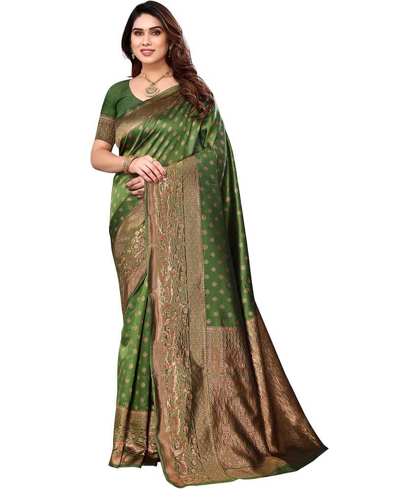 Sidhidata Banarasi Silk Self Design Saree With Blouse Piece - Green ( Pack of 1 )