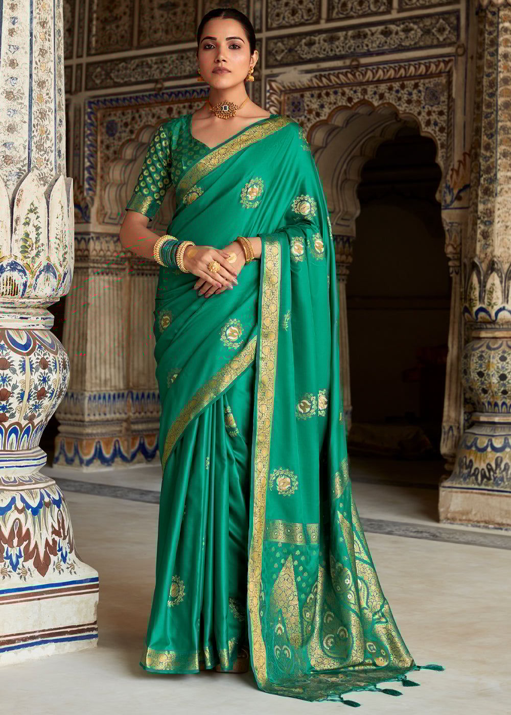 Leaf Green Woven Banarasi Satin Silk Saree With Brocade Blouse