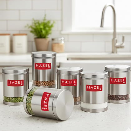 HAZEL Stainless Steel Containers Set for Kitchen , 3000 ml Each Storage Transparent See Through Matt Finish Storage Jars Dabba, Set of 6