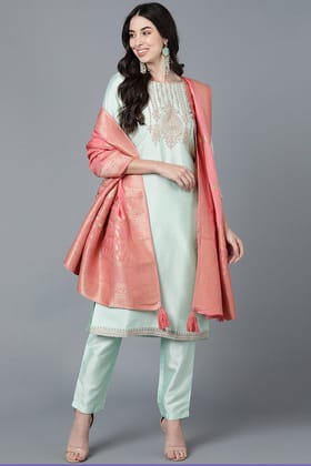 Mint Green Poly Silk Straight Kurta Pant With Dupatta Set PKSKD1478