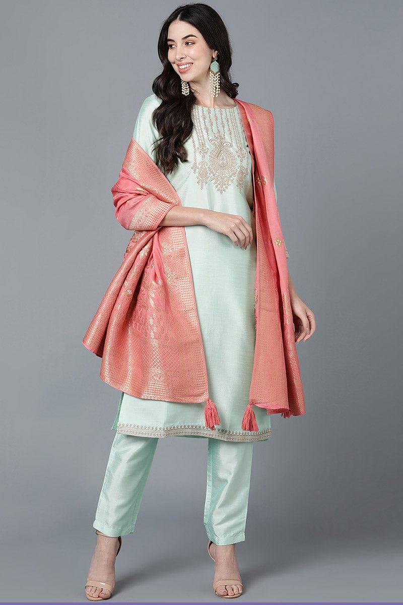 Mint Green Poly Silk Straight Kurta Pant With Dupatta Set PKSKD1478