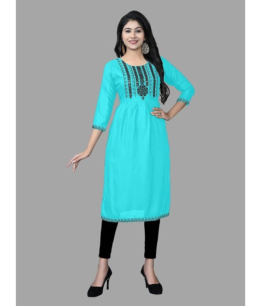 HAYA - Turquoise Rayon Women's Straight Kurti ( Pack of 1 )