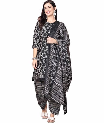 wonder weave Women Cotton Blend Printed Straight Kurti With Patiala Salwar ( Black )