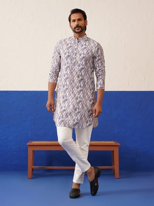 White With Geomatric work on soft mul cotton-S/38 / Kurta Churidaar Set