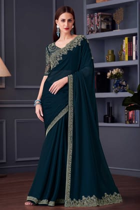 Teal Embroidered Chiffon Saree