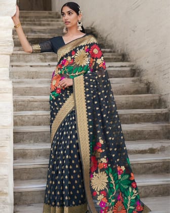 Gunja Floral Silk Linen Quiet Black Saree