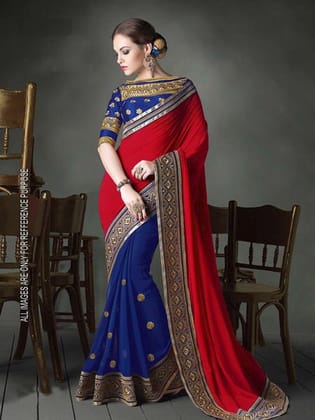 Ideal Red And Blue Colored Partywear Embroidered Georgette Saree