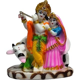 Radha Krishna Idol with Cow  Divine Resin Statue for Home Decor, Mandir, Gift Purpose  Spiritual Showpiece (Multicolor, 5.5 Inch)