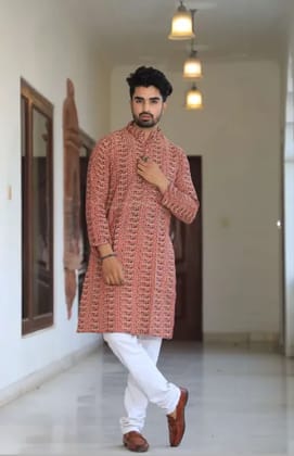 Brown And White Cotton Premium And Elegant Kurta Pajama Set For Men