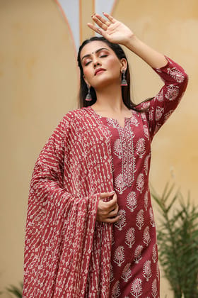 Maroon Cotton Blend Straight Suit Set VKSKD1030 Maroon Cotton Blend Straight Suit Set VKSKD1030