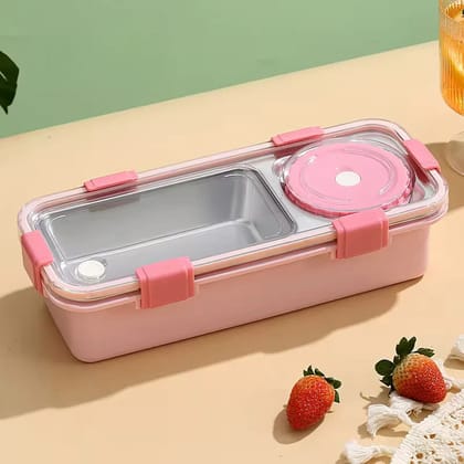 Little Station Portable Bento Lunch Box with Leak-Proof Compartments, Stainless Steel Interior, (Pink)