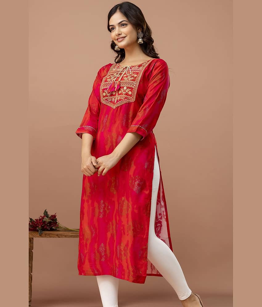 Kapadia Women Cotton Blend Embroidered Straight Kurti ( Pink )