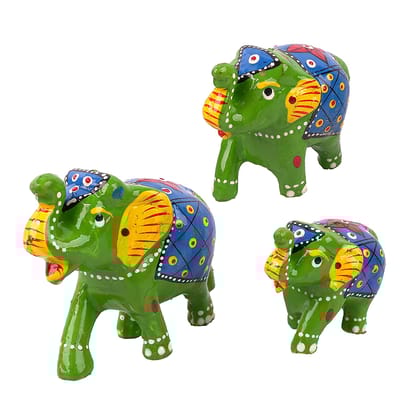 DreamKraft Paper Mache Handmade Elephant Showpiece Figurine Large(10x7.6) Medium(8.5x6.1) Small(7.3x5) CM (3 Piece, Green)