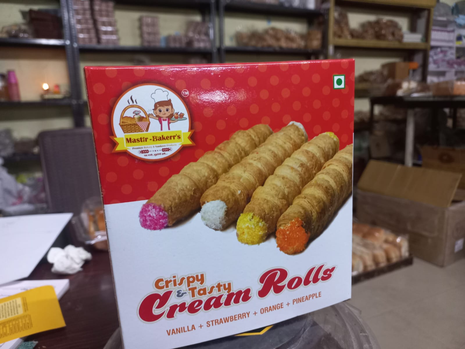 Master Baker's Crispy & Tasty Cream Rolls (Pack of 4 Flavours) | Vanilla, Strawberry, Orange & Pineapple | Flaky Pastry Snack | 100% Vegetarian