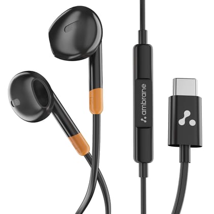 Ambrane Wired Type C in Ear Earphones with in-line Mic for Clear Calling, 1.2M Cable, 14mm Dynamic Drivers for BoostedBass, Multi-Functional Controller for Type C Enabled Mobiles (Stringz 02, Black)