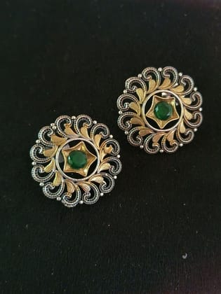 Dual-Tone Oxidized Floral Round Stud Earrings with Elegance | Sarichka-Green