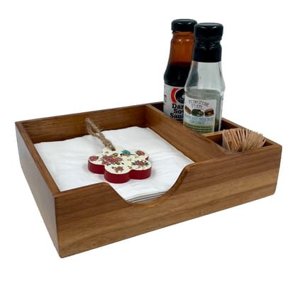 The Weaver's Nest - Teak Wood Napkin Holder - Flower-Red
