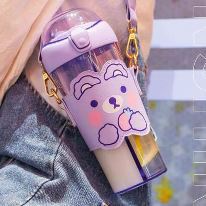 Animal Dual Compartment Drink Bottle With Strap ( 530ml )-Purple