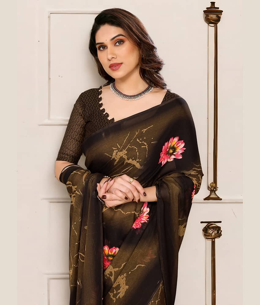 TTH Georgette Printed Saree With Unstitched Blouse Piece ( Brown )