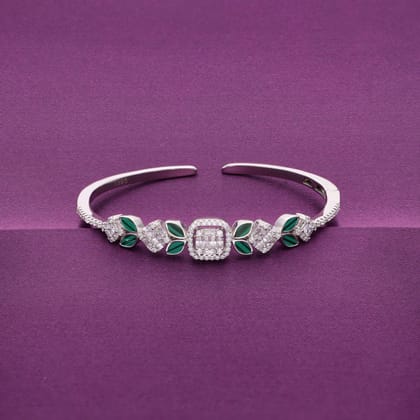 Elegant White & Green Zircon Silver Bangle Bracelet-White Stone / Silver