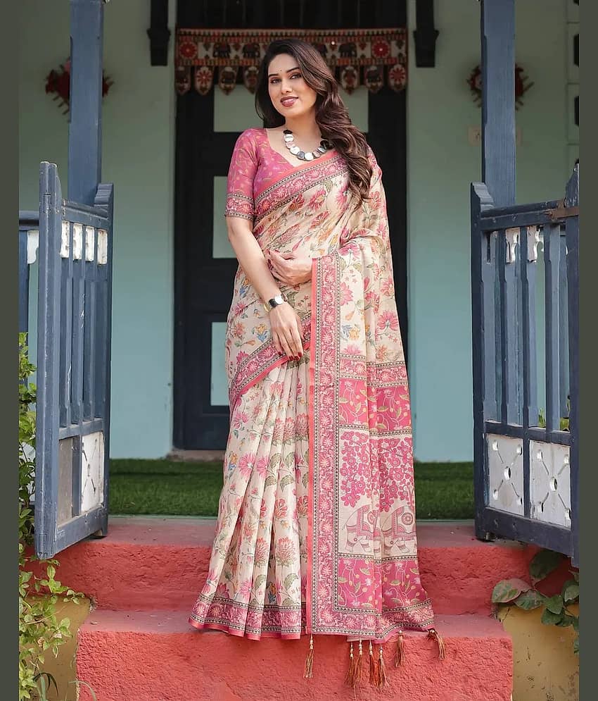 Saadhvi Linen Printed Regular Saree With Unstitched Blouse Piece ( Pink )