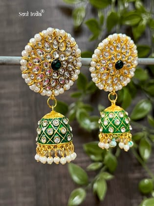 Designer Meenakari Kundan Jhumka Earrings - Deep Green & Golden