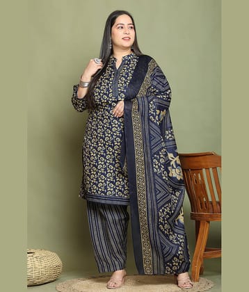 wonder weave Women Cotton Blend Printed Straight Kurti With Patiala Salwar ( Navy Blue )