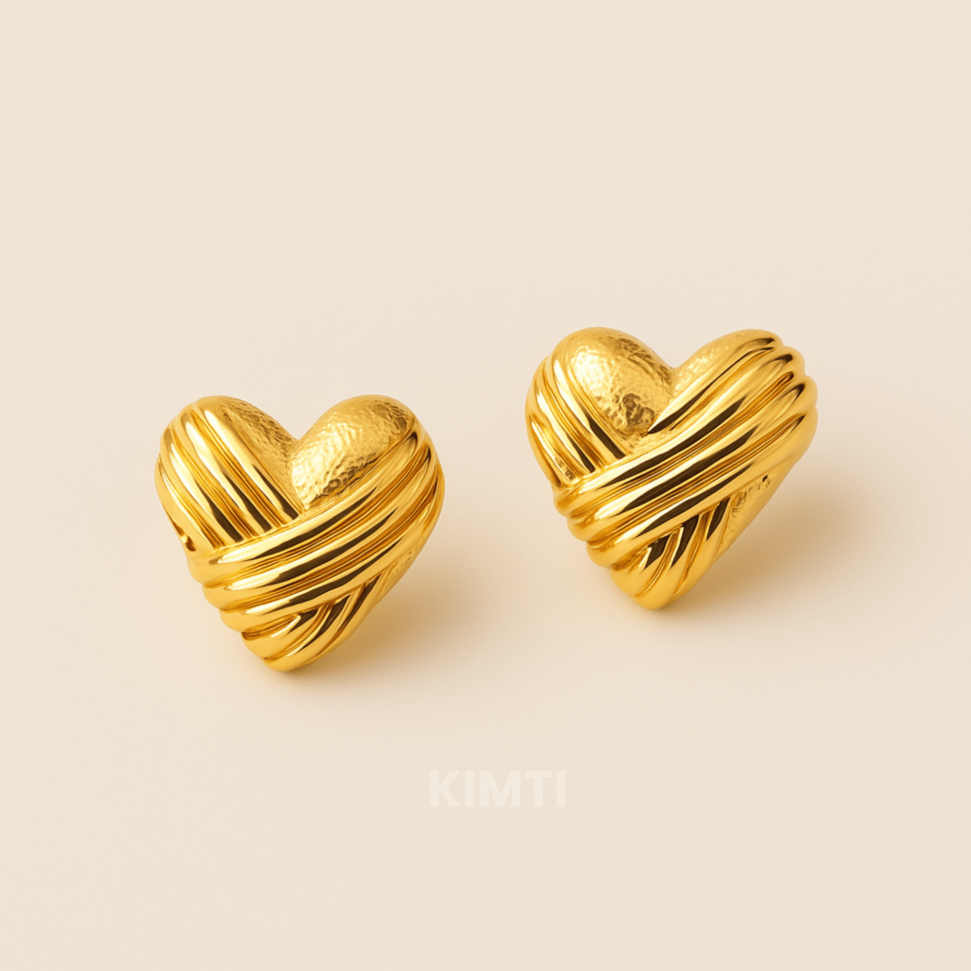 18K Gold PlatedHeart textured lines Stud Earrings