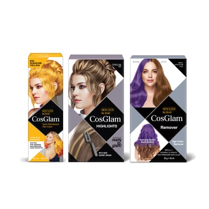 COSGLAM Combo Pack, Semi Permanent Hair Color Sunshine Yellow 120g, Hair Highlighter Kit 115g & Hair Color Remover 70ml