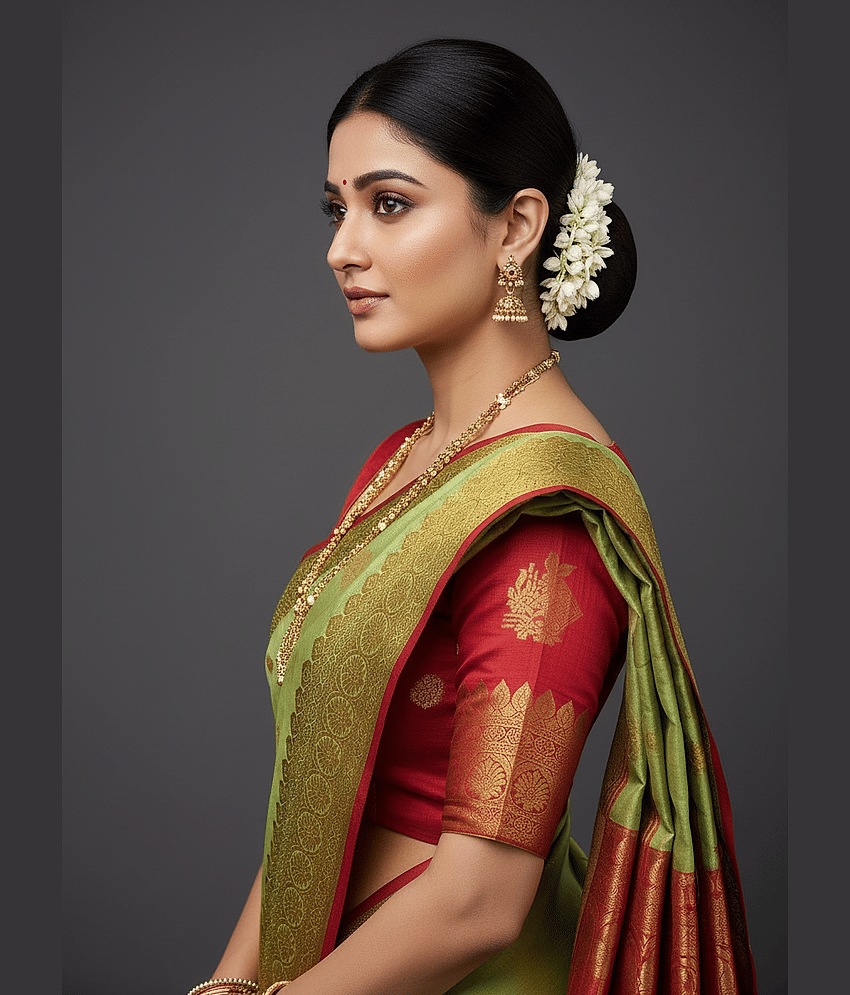 IndShopMart Cotton Silk Woven Regular Saree With Unstitched Blouse Piece ( Olive,Red )