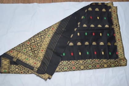 TULIP Traditional Black Assam Silk Saree with Gold Zari Border, Handwoven Silk, Floral Pattern, Red and Green Accent Dots, TULIP Traditional Black Assam Silk Saree with Gold Zari Border, Handwoven Silk, Floral Pattern, Red and Green Accent Dots,