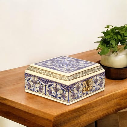 Handcrafted Kashmiri Paper Mache Multi-Storage Square BoxBlue and Pastel Yellow