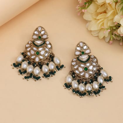 Green Color Kundan Earrings (KDE1008GRN)-Length: 7.00 CM x Width: 4.00 CM / Green / Alloy With Good Quality Mehndi Gold Plated