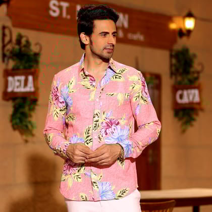 Hibiscus Flower Salmon Pink Casual Full Shirt (Size - S) by BLUE EAGLE Hibiscus Flower Salmon Pink Casual Full Shirt (Size - S) by BLUE EAGLE