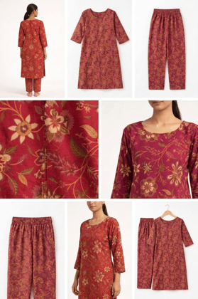 Women Deep Rani Floral Printed Cotton Straight Kurti with Pant | Round Neck 3/4 Sleeve Casual Ethnic Kurta Set