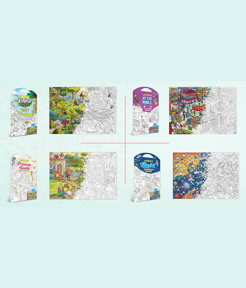 GIANT JUNGLE SAFARI COLOURING POSTER, GIANT AT THE MALL COLOURING POSTER, GIANT PRINCESS CASTLE COLOURING POSTER and GIANT SPACE COLOURING POSTER | Set of 4 Posters I Popular coloring posters