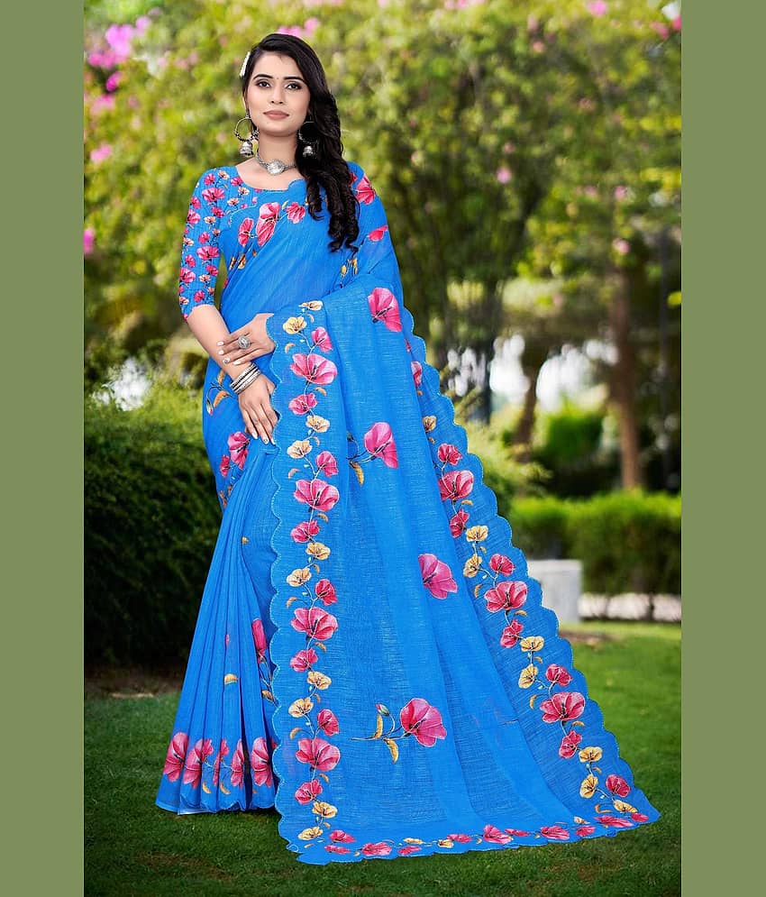 supalee Tex Linen Printed Saree With Unstitched Blouse Piece ( Blue )
