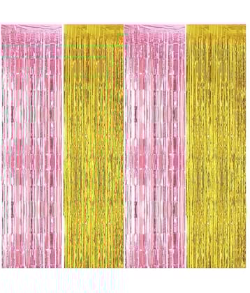 Kiran Enterprises 4 pc. Foil Fringe Curtain ( Pink, Gold )