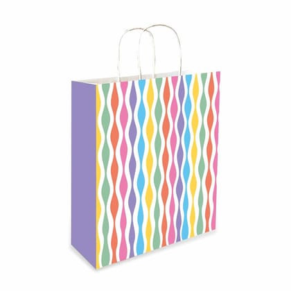 90 GSM Stripes Printed Design Attractive Small Party Paper Gift Bags, Ideal For Birthday Return Gifts, Kids Party, & Gifting On Special Occasions (Size:9.4x7.9x3 inch) -  12