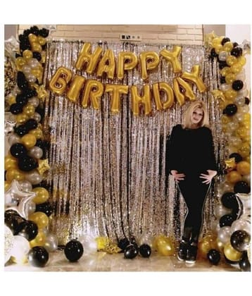 Pixelfox Happy Birthday Golden Foil(16 inch) + 2 Pcs Silver Fringe Curtain(3 X 6 Feet) + 30 pcs Metallic Balloons (Black,Gold,Silver)(12 Inch)